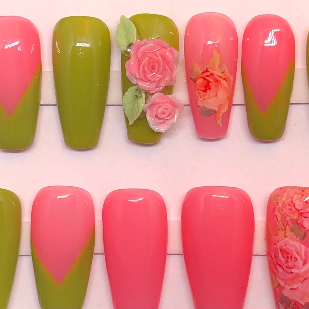 Custom Handmade Press On Nails UV Gel Long Coffin Pink Spring Roses Summer Nails - Picture 6 of 9